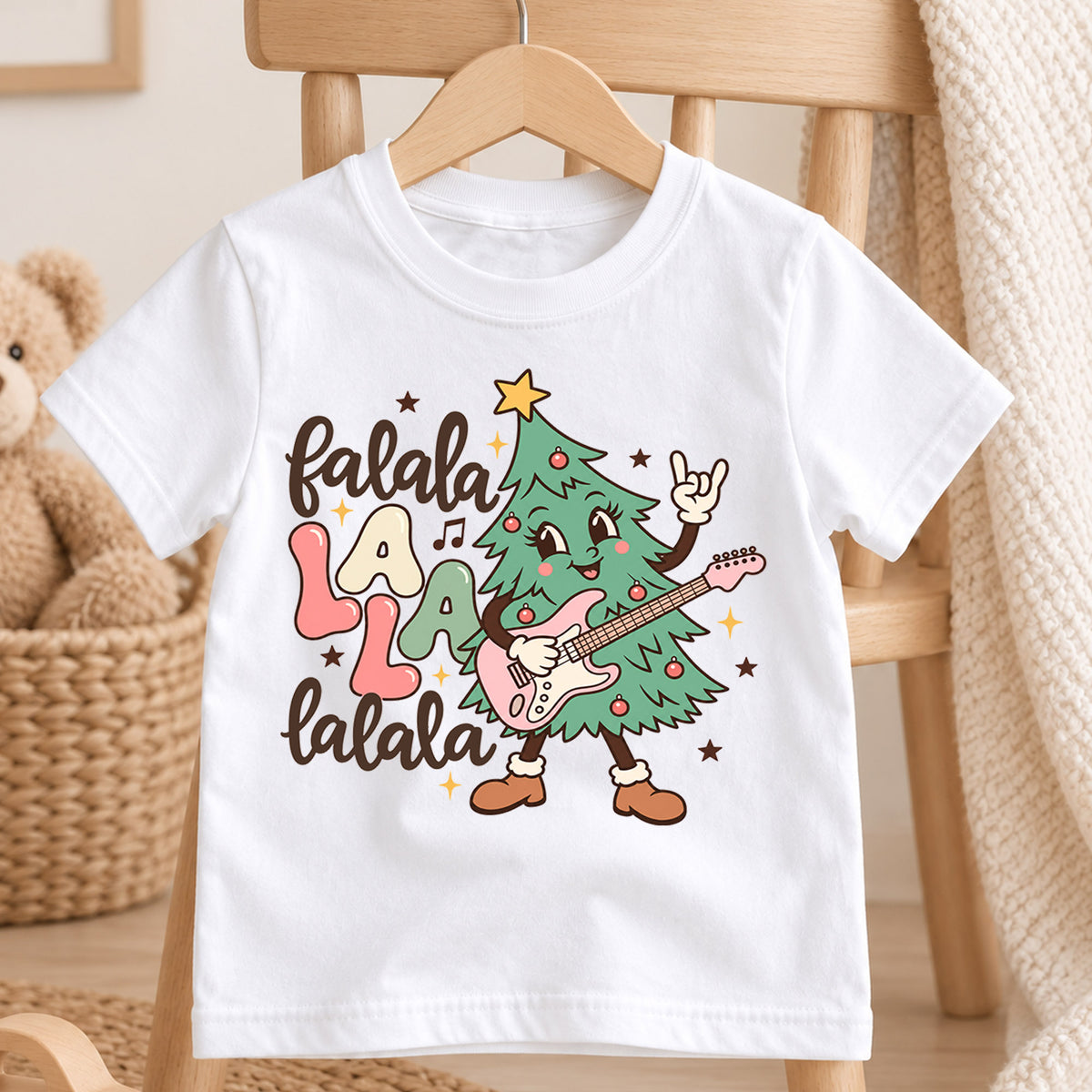Fa La La Guitar Christmas Kids Shirt, Rocking Christmas Tree Tee, Music Lover Holiday Shirt for Kids, Funny Festive Christmas Gift — product view 4