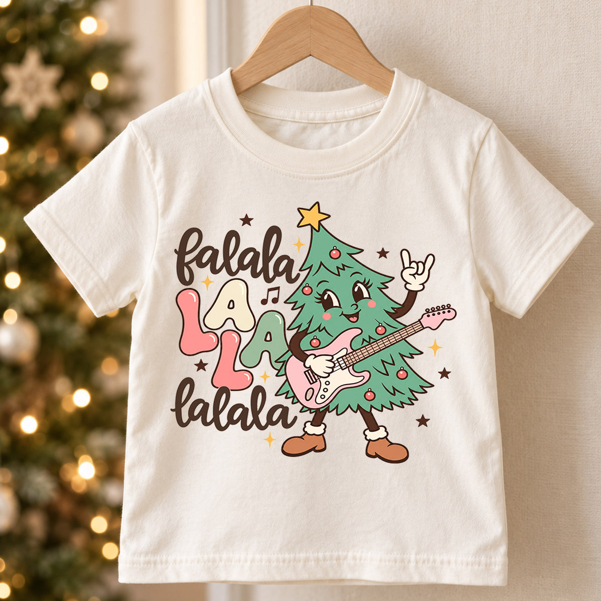 Fa La La Guitar Christmas Kids Shirt, Rocking Christmas Tree Tee, Music Lover Holiday Shirt for Kids, Funny Festive Christmas Gift — product view 5