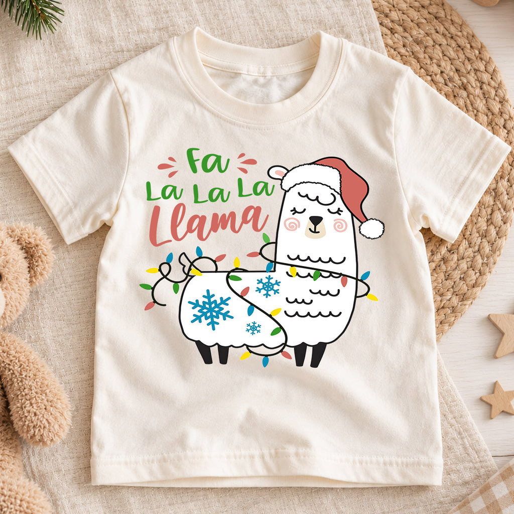 Fa La La Llama Christmas Kids Shirt, Funny Llama Holiday Tee, Christmas Lights Animal Shirt for Kids, Cute Festive Christmas Outfit and Gift — product view 1