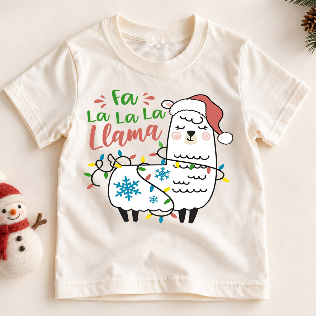 Fa La La Llama Christmas Kids Shirt, Funny Llama Holiday Tee, Christmas Lights Animal Shirt for Kids, Cute Festive Christmas Outfit and Gift — product view 2