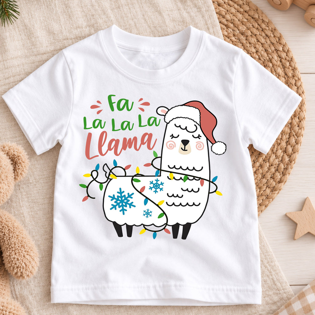 Fa La La Llama Christmas Kids Shirt, Funny Llama Holiday Tee, Christmas Lights Animal Shirt for Kids, Cute Festive Christmas Outfit and Gift — product view 3