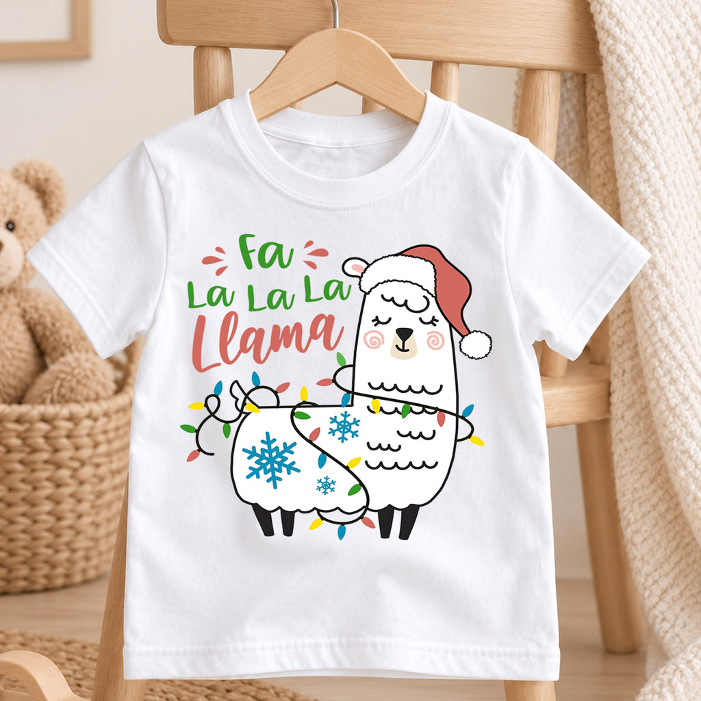 Fa La La Llama Christmas Kids Shirt, Funny Llama Holiday Tee, Christmas Lights Animal Shirt for Kids, Cute Festive Christmas Outfit and Gift — product view 4