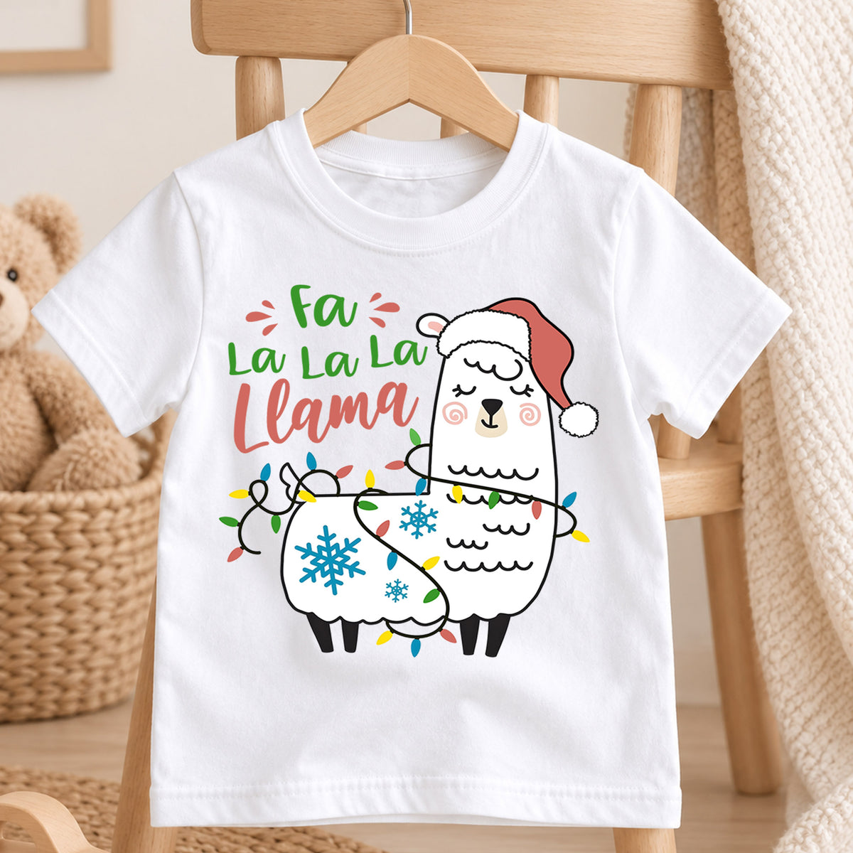 Fa La La Llama Christmas Kids Shirt, Funny Llama Holiday Tee, Christmas Lights Animal Shirt for Kids, Cute Festive Christmas Outfit and Gift — product view 4