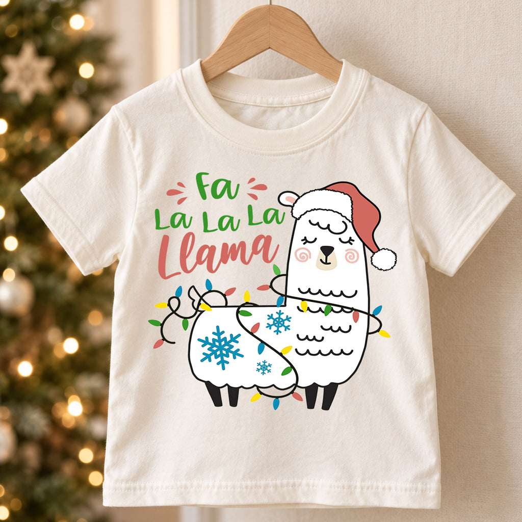 Fa La La Llama Christmas Kids Shirt, Funny Llama Holiday Tee, Christmas Lights Animal Shirt for Kids, Cute Festive Christmas Outfit and Gift — product view 5
