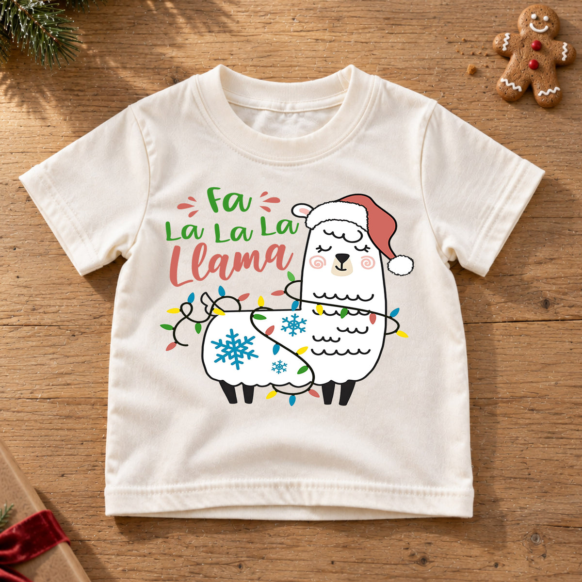 Fa La La Llama Christmas Kids Shirt, Funny Llama Holiday Tee, Christmas Lights Animal Shirt for Kids, Cute Festive Christmas Outfit and Gift — product view 6