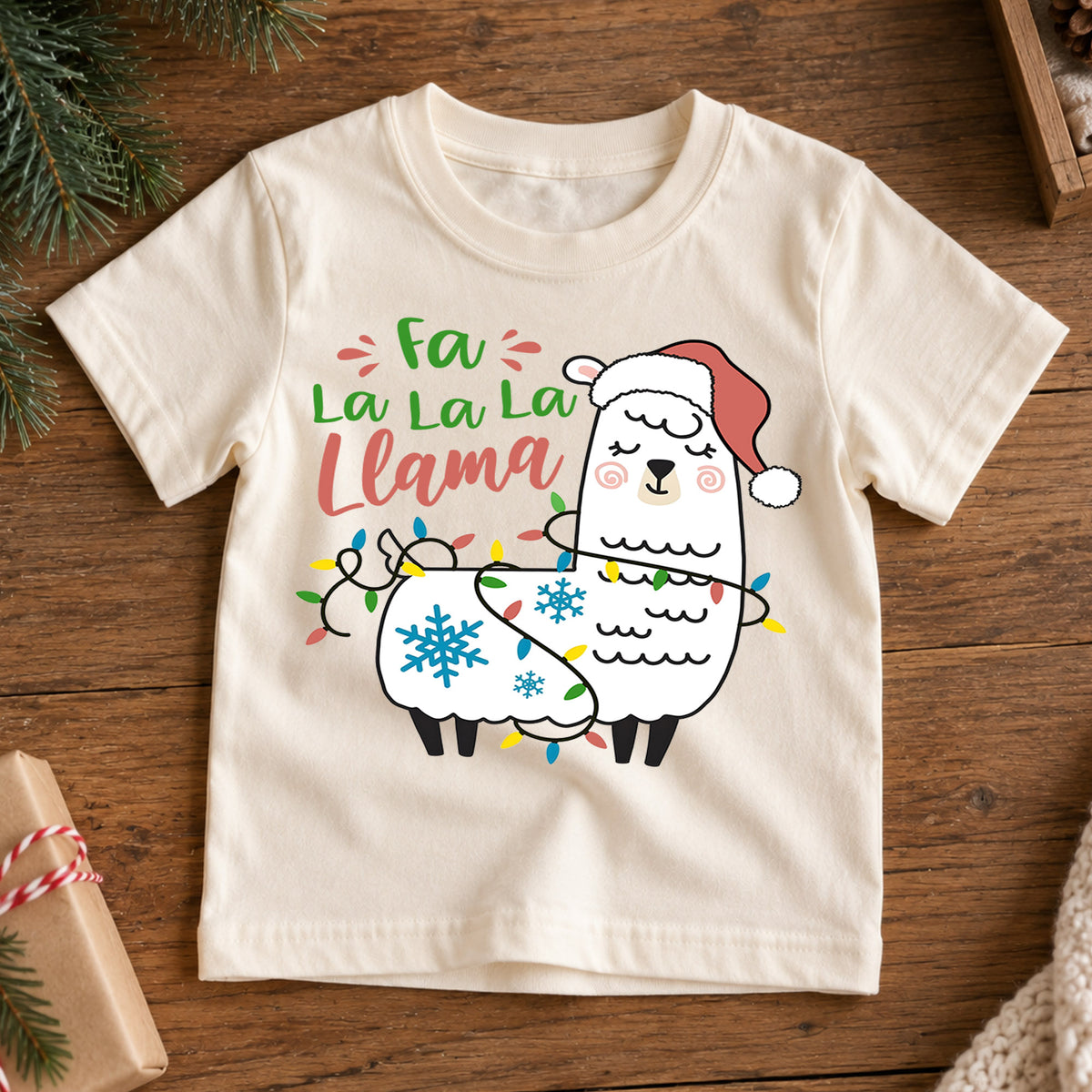 Fa La La Llama Christmas Kids Shirt, Funny Llama Holiday Tee, Christmas Lights Animal Shirt for Kids, Cute Festive Christmas Outfit and Gift — product view 7