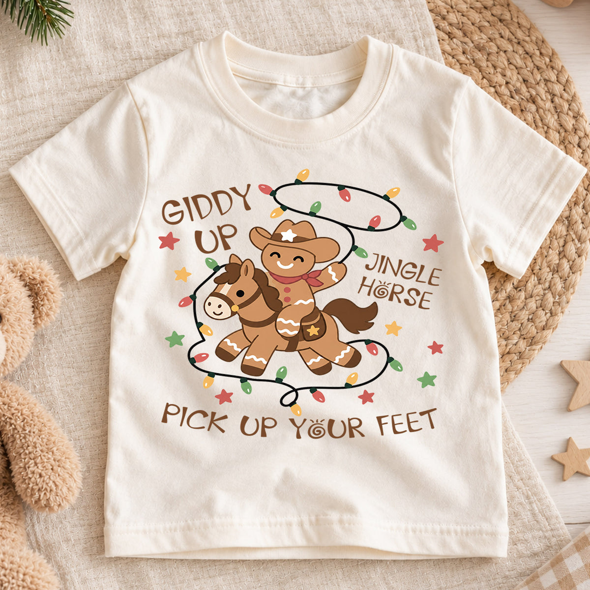 Giddy Up Jingle Horse Kids Christmas Shirt, Gingerbread Cowboy Tee, Western Christmas Holiday Shirt for Kids, Fun Country Christmas Outfit — product view 1