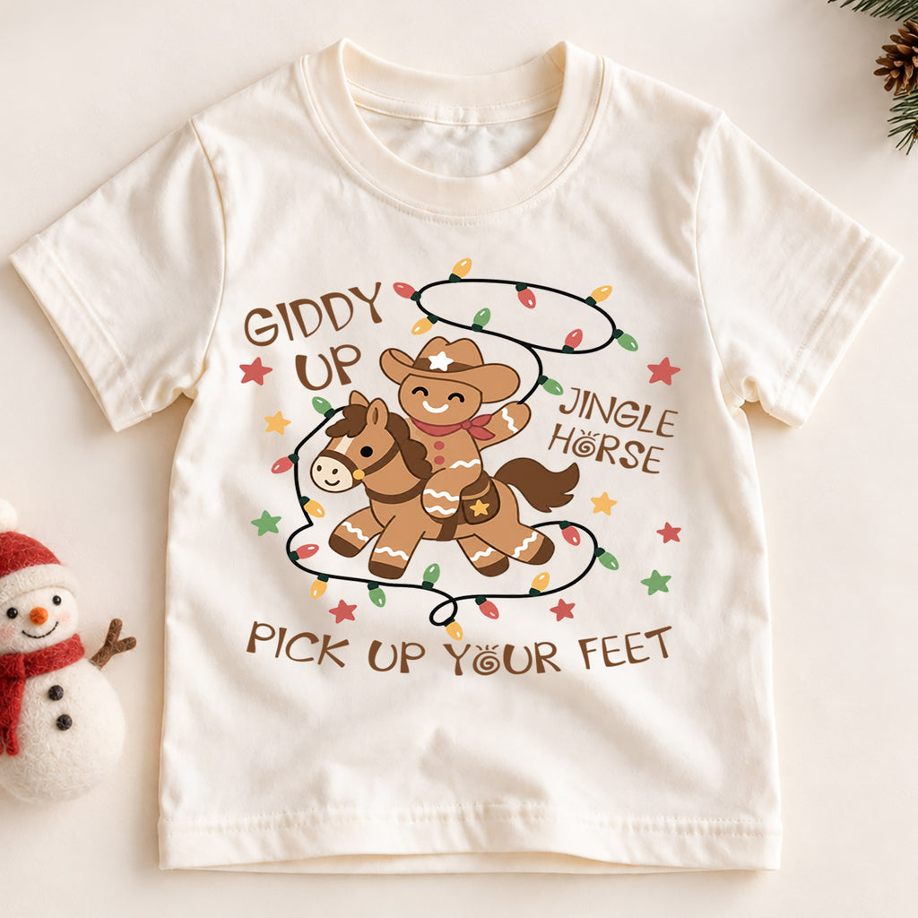 Giddy Up Jingle Horse Kids Christmas Shirt, Gingerbread Cowboy Tee, Western Christmas Holiday Shirt for Kids, Fun Country Christmas Outfit — product view 2