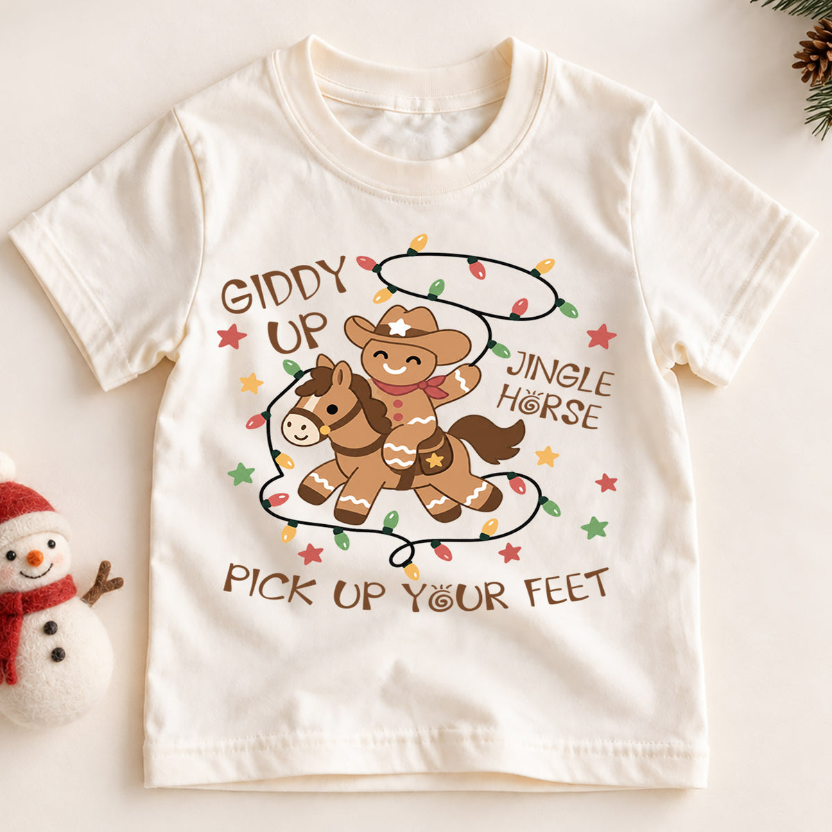 Giddy Up Jingle Horse Kids Christmas Shirt, Gingerbread Cowboy Tee, Western Christmas Holiday Shirt for Kids, Fun Country Christmas Outfit — product view 2