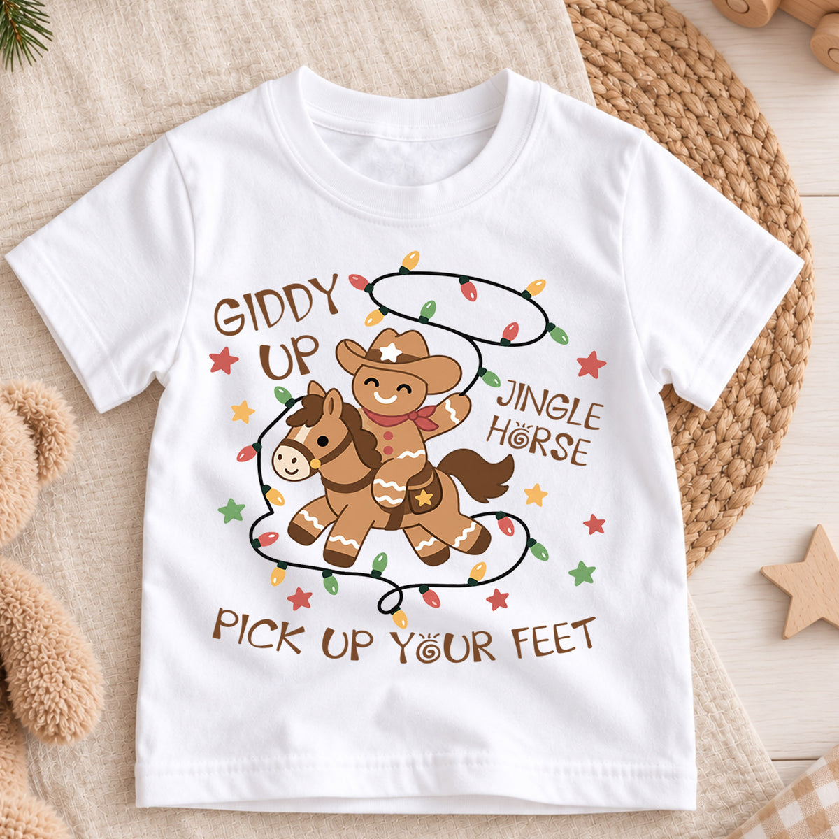 Giddy Up Jingle Horse Kids Christmas Shirt, Gingerbread Cowboy Tee, Western Christmas Holiday Shirt for Kids, Fun Country Christmas Outfit — product view 3