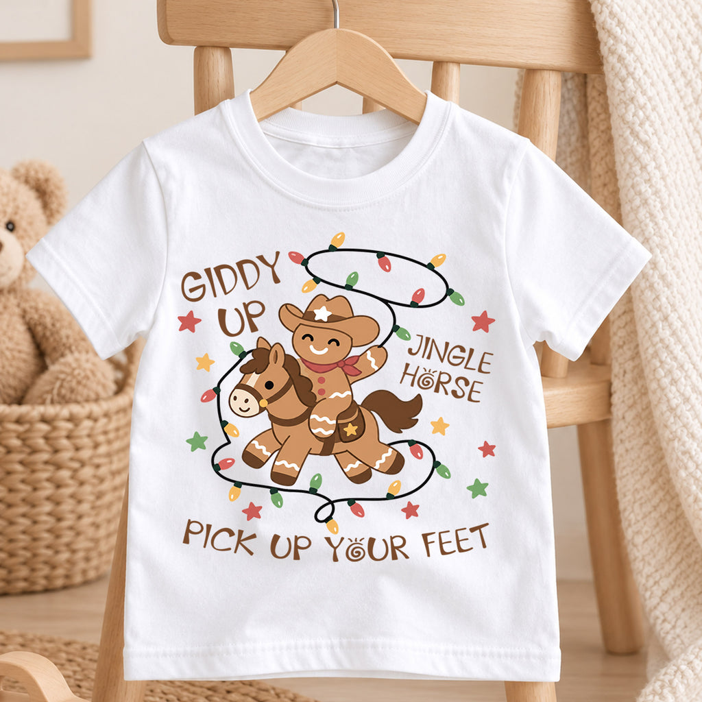 Giddy Up Jingle Horse Kids Christmas Shirt, Gingerbread Cowboy Tee, Western Christmas Holiday Shirt for Kids, Fun Country Christmas Outfit — product view 4