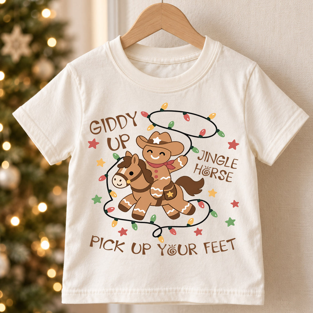 Giddy Up Jingle Horse Kids Christmas Shirt, Gingerbread Cowboy Tee, Western Christmas Holiday Shirt for Kids, Fun Country Christmas Outfit — product view 5