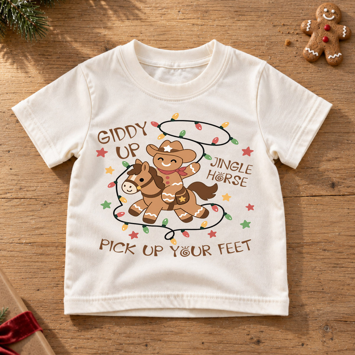 Giddy Up Jingle Horse Kids Christmas Shirt, Gingerbread Cowboy Tee, Western Christmas Holiday Shirt for Kids, Fun Country Christmas Outfit — product view 6
