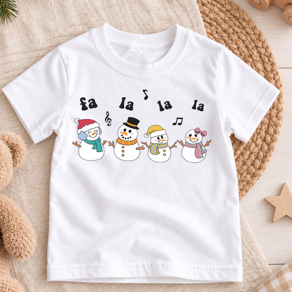 Fa La La Snowman Kids Christmas Shirt, Singing Snowmen Holiday Tee, Cute Christmas Music Shirt for Kids, Festive Holiday Outfit and Gift — product view 3