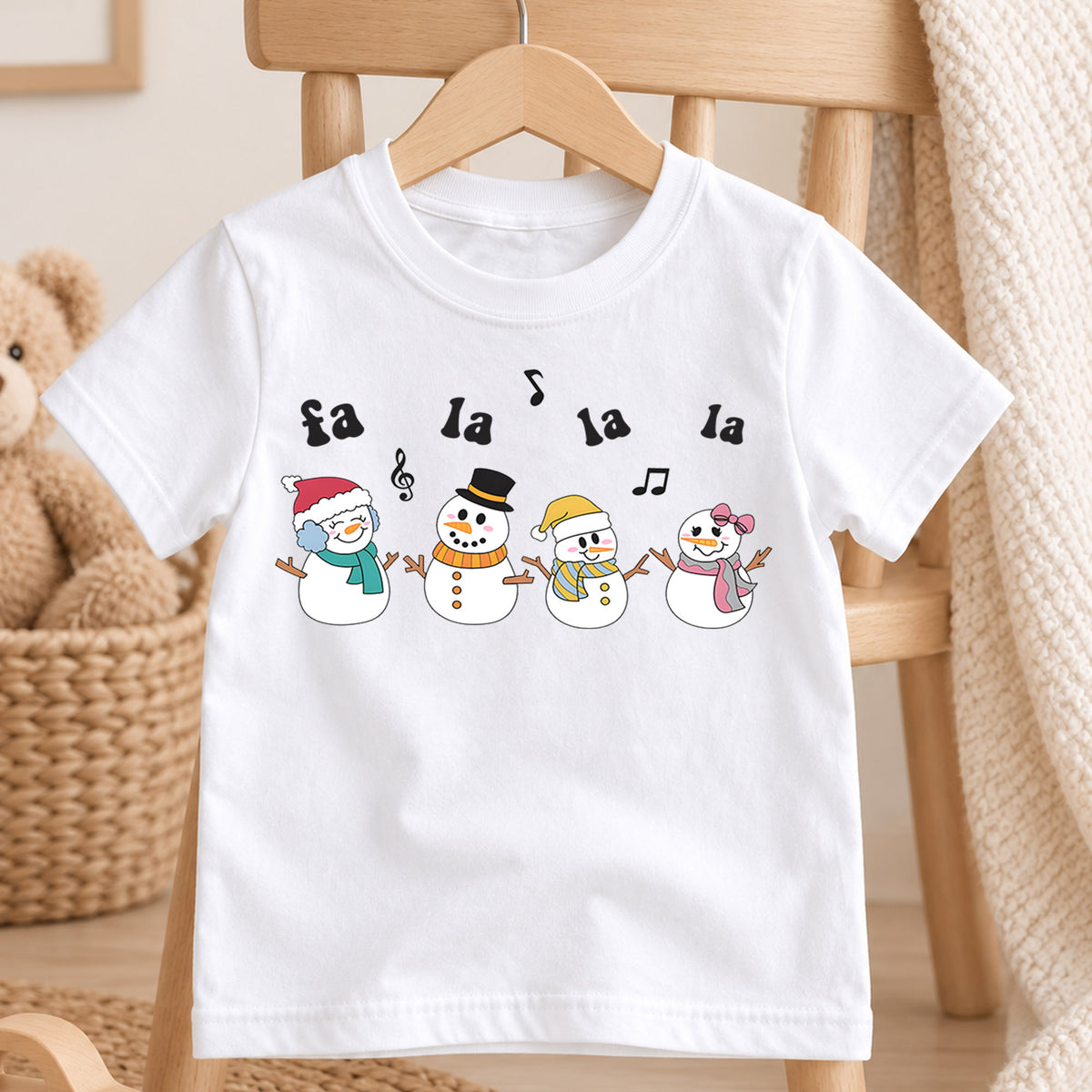 Fa La La Snowman Kids Christmas Shirt, Singing Snowmen Holiday Tee, Cute Christmas Music Shirt for Kids, Festive Holiday Outfit and Gift — product view 4