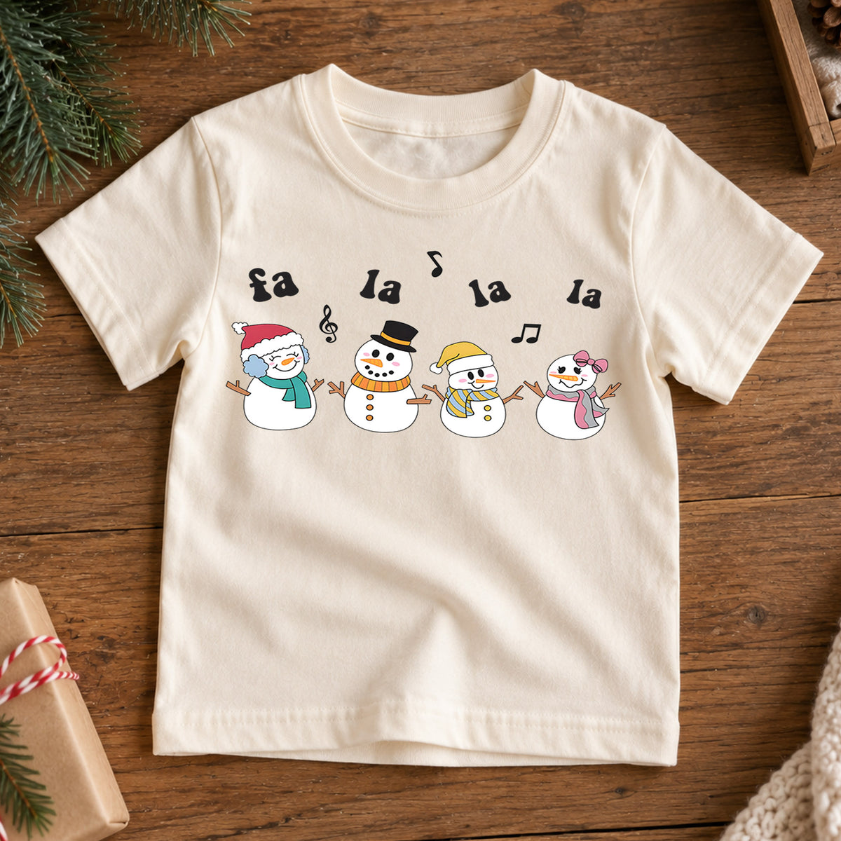 Fa La La Snowman Kids Christmas Shirt, Singing Snowmen Holiday Tee, Cute Christmas Music Shirt for Kids, Festive Holiday Outfit and Gift — product view 7