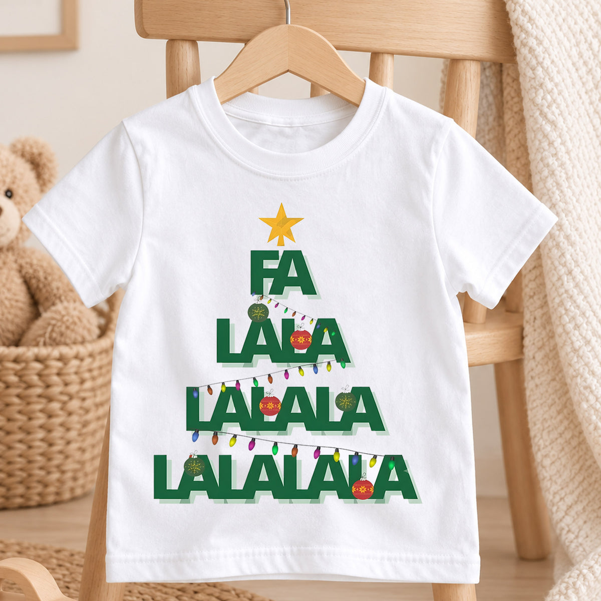 Fa La La Christmas Tree Kids Shirt, Christmas Lights Holiday Tee, Minimal Festive Christmas Shirt for Kids, Cute Simple Holiday Outfit — product view 4