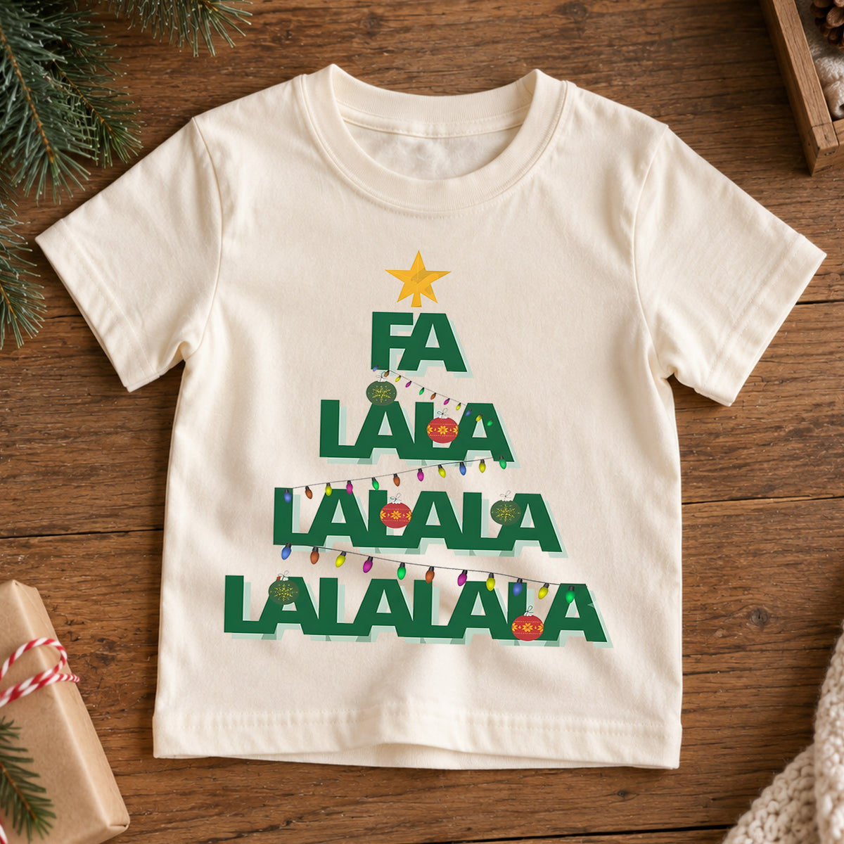 Fa La La Christmas Tree Kids Shirt, Christmas Lights Holiday Tee, Minimal Festive Christmas Shirt for Kids, Cute Simple Holiday Outfit — product view 7