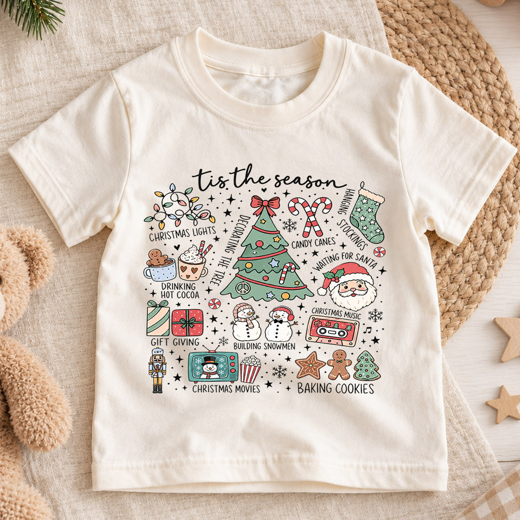 Tis the Season Kids Christmas Shirt, Holiday Doodle Tree Santa Tee, Festive Christmas Outfit, Holiday Gift for Kids Festive Xmas Gift Idea — product view 1