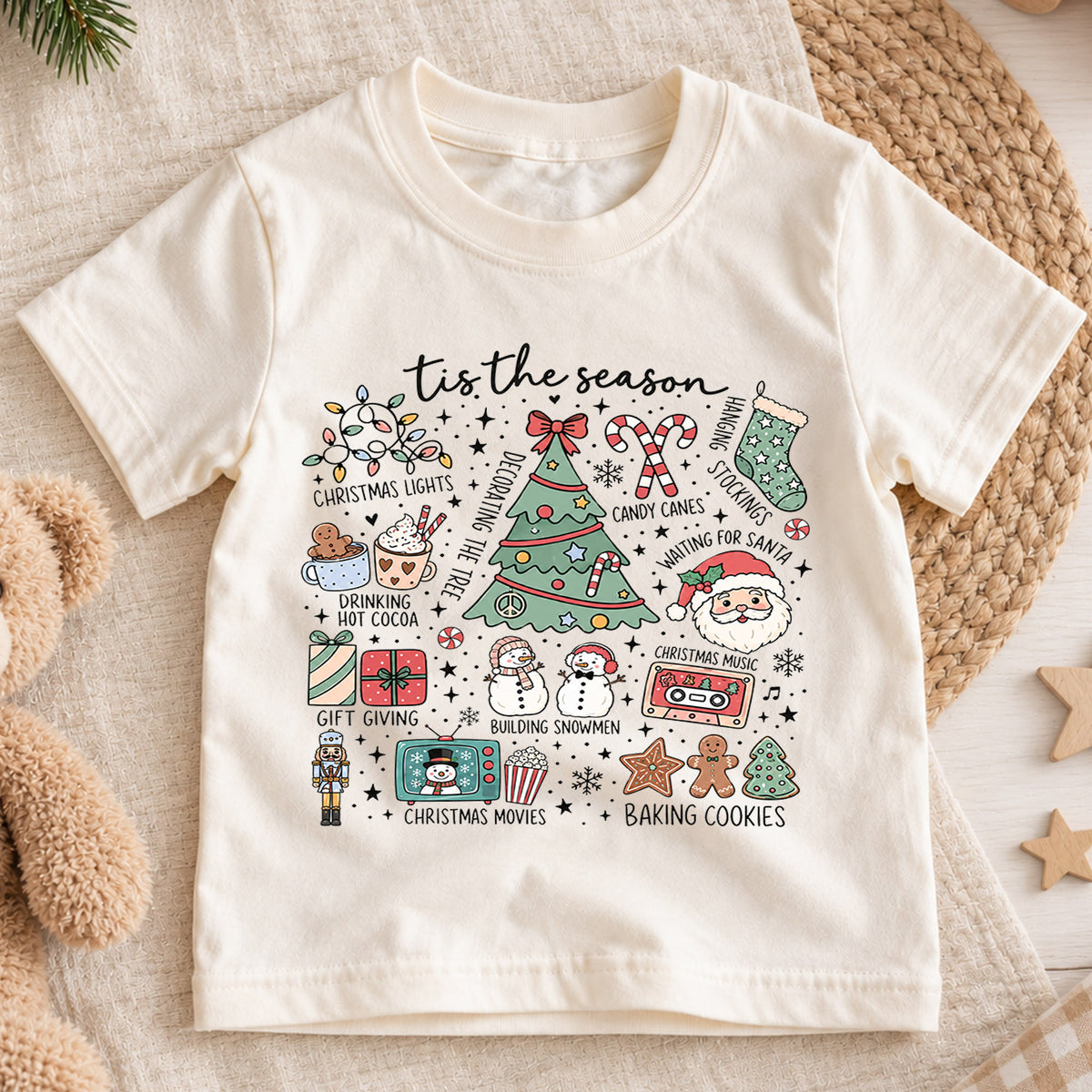 Tis the Season Kids Christmas Shirt, Holiday Doodle Tree Santa Tee, Festive Christmas Outfit, Holiday Gift for Kids Festive Xmas Gift Idea — product view 1