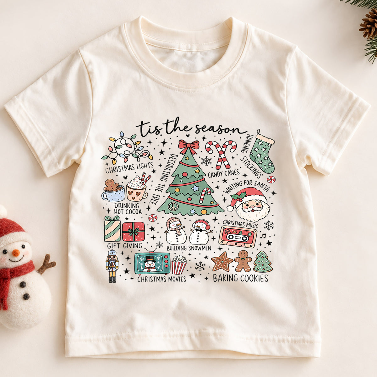 Tis the Season Kids Christmas Shirt, Holiday Doodle Tree Santa Tee, Festive Christmas Outfit, Holiday Gift for Kids Festive Xmas Gift Idea — product view 2
