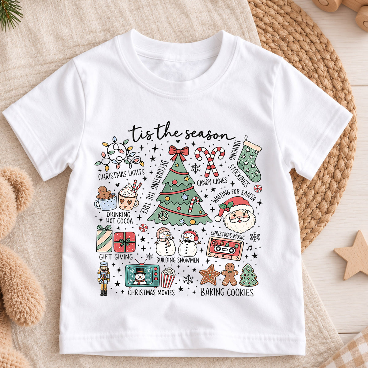 Tis the Season Kids Christmas Shirt, Holiday Doodle Tree Santa Tee, Festive Christmas Outfit, Holiday Gift for Kids Festive Xmas Gift Idea — product view 3
