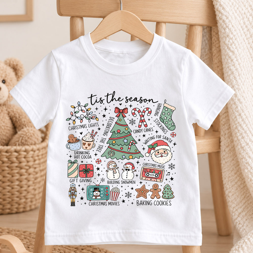 Tis the Season Kids Christmas Shirt, Holiday Doodle Tree Santa Tee, Festive Christmas Outfit, Holiday Gift for Kids Festive Xmas Gift Idea — product view 4