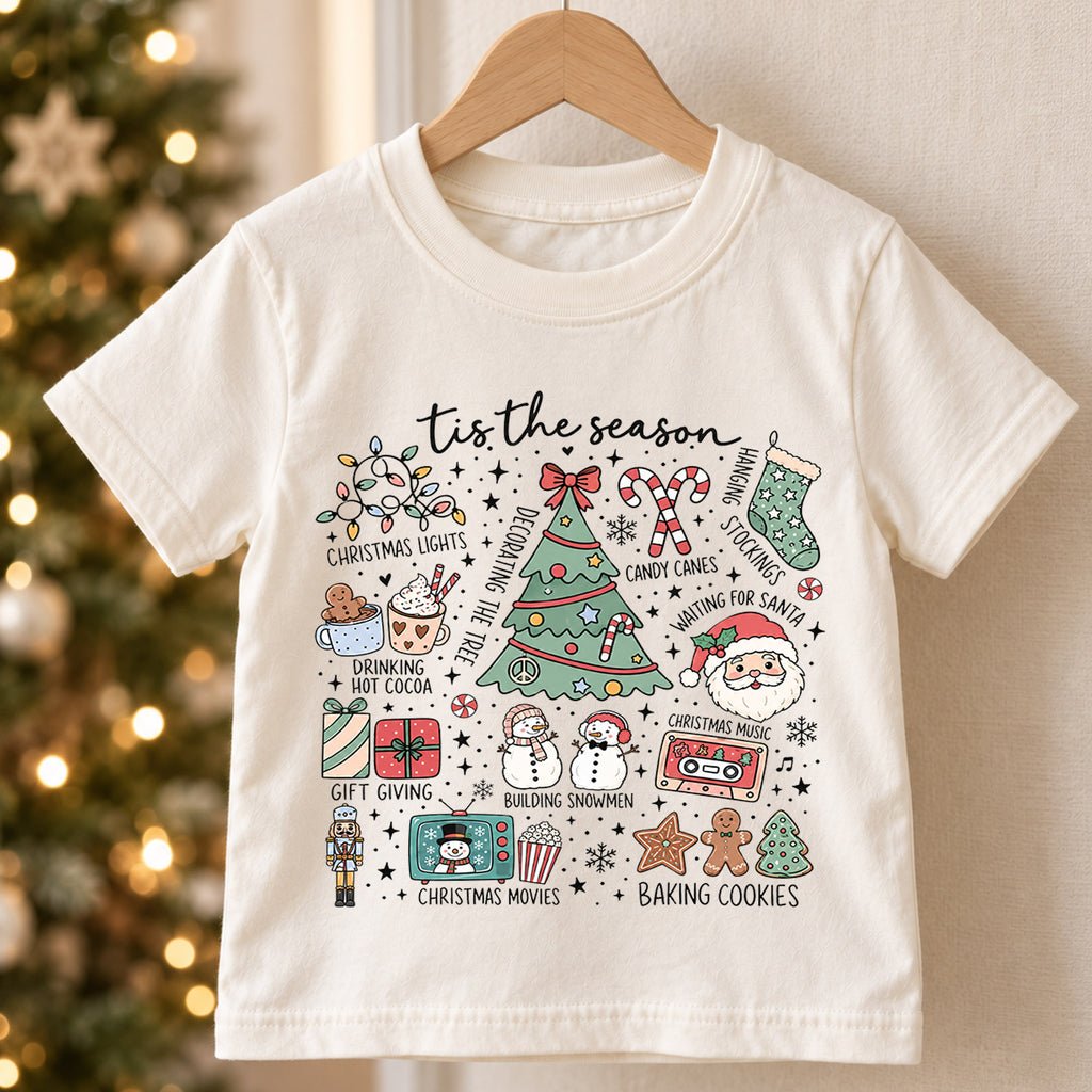 Tis the Season Kids Christmas Shirt, Holiday Doodle Tree Santa Tee, Festive Christmas Outfit, Holiday Gift for Kids Festive Xmas Gift Idea — product view 5