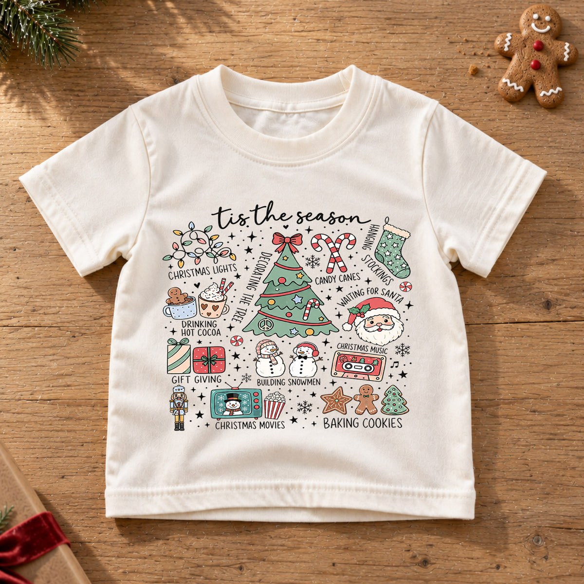 Tis the Season Kids Christmas Shirt, Holiday Doodle Tree Santa Tee, Festive Christmas Outfit, Holiday Gift for Kids Festive Xmas Gift Idea — product view 6