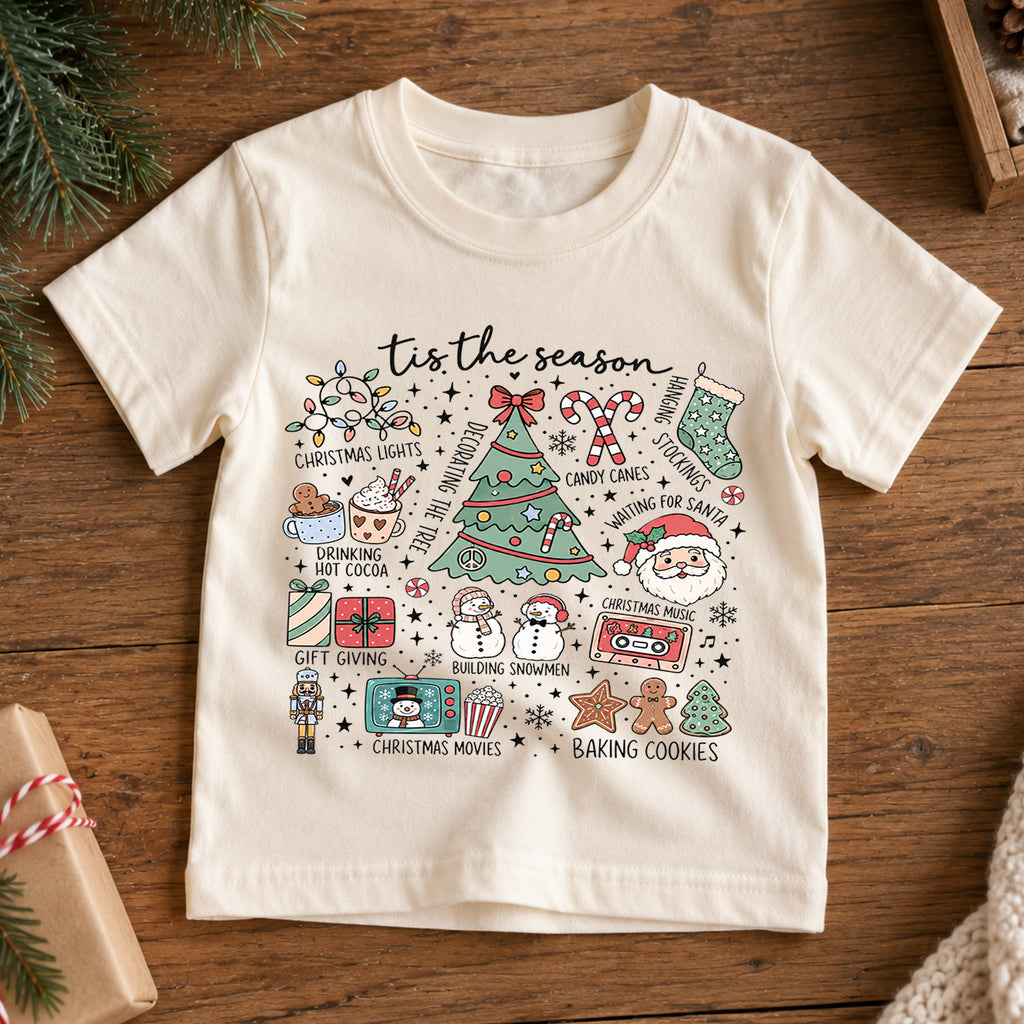 Tis the Season Kids Christmas Shirt, Holiday Doodle Tree Santa Tee, Festive Christmas Outfit, Holiday Gift for Kids Festive Xmas Gift Idea — product view 7