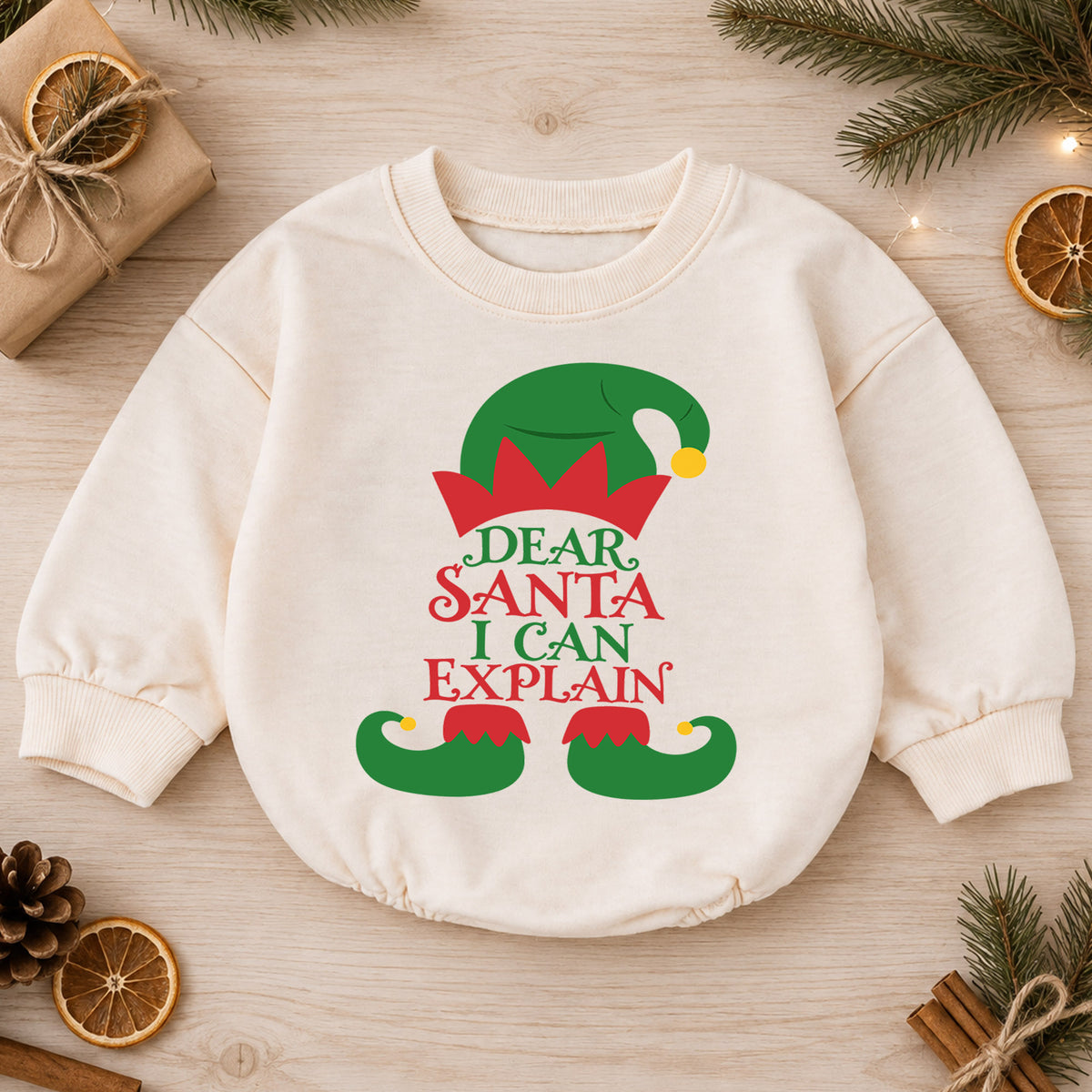 Dear Santa I Can Explain Baby Outfit, Funny Elf Christmas Romper, Toddler Holiday Romper, Baby Xmas Outfit, Christmas Gift — product view 1