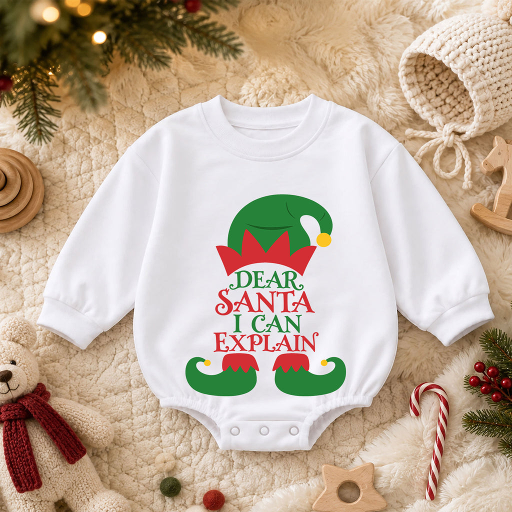 Dear Santa I Can Explain Baby Outfit, Funny Elf Christmas Romper, Toddler Holiday Romper, Baby Xmas Outfit, Christmas Gift — product view 3