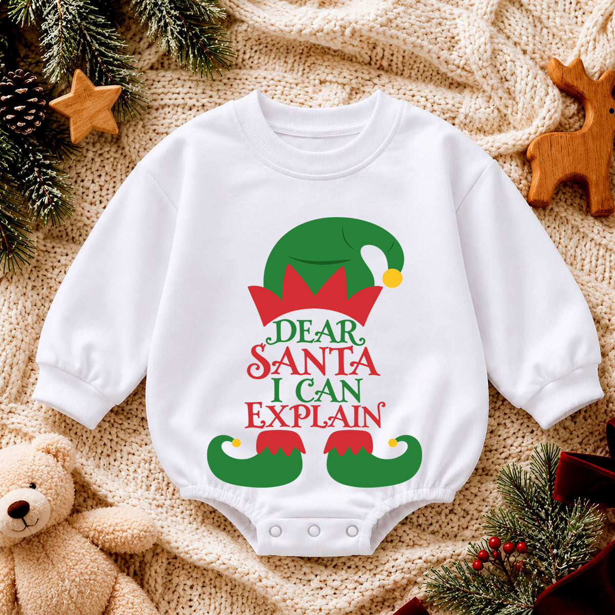 Dear Santa I Can Explain Baby Outfit, Funny Elf Christmas Romper, Toddler Holiday Romper, Baby Xmas Outfit, Christmas Gift — product view 4