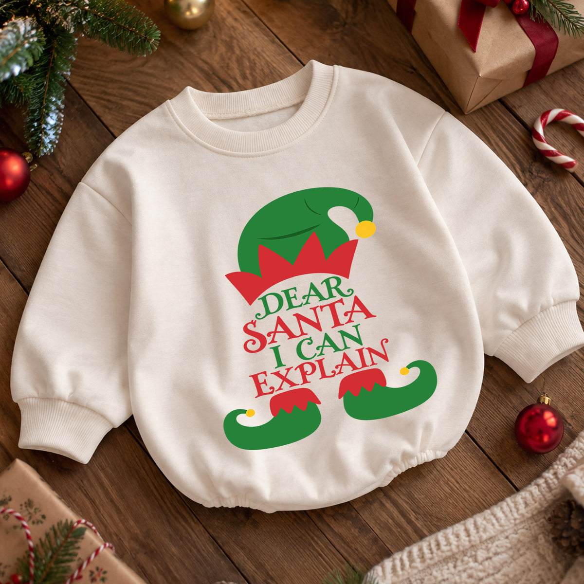 Dear Santa I Can Explain Baby Outfit, Funny Elf Christmas Romper, Toddler Holiday Romper, Baby Xmas Outfit, Christmas Gift — product view 5