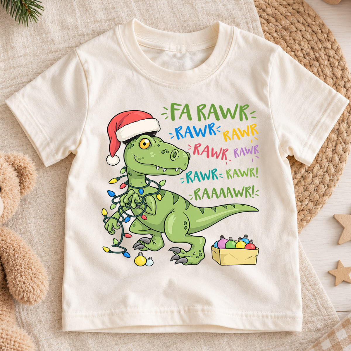 Funny Dinosaur Christmas Kids Shirt, Fa Rawr Holiday Tee, Cute Festive Christmas Outfit, Holiday Gift for Boys Cute Holiday Gift Idea — product view 1