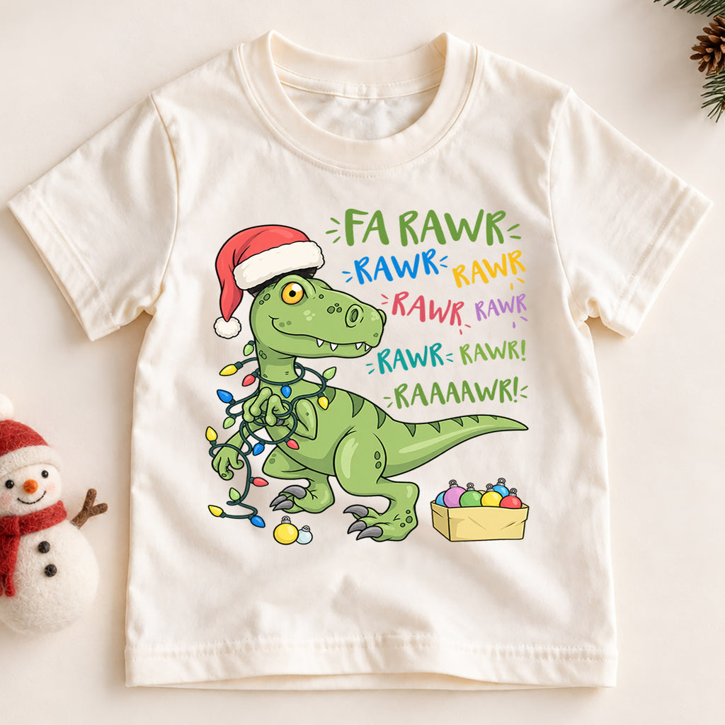 Funny Dinosaur Christmas Kids Shirt, Fa Rawr Holiday Tee, Cute Festive Christmas Outfit, Holiday Gift for Boys Cute Holiday Gift Idea — product view 2