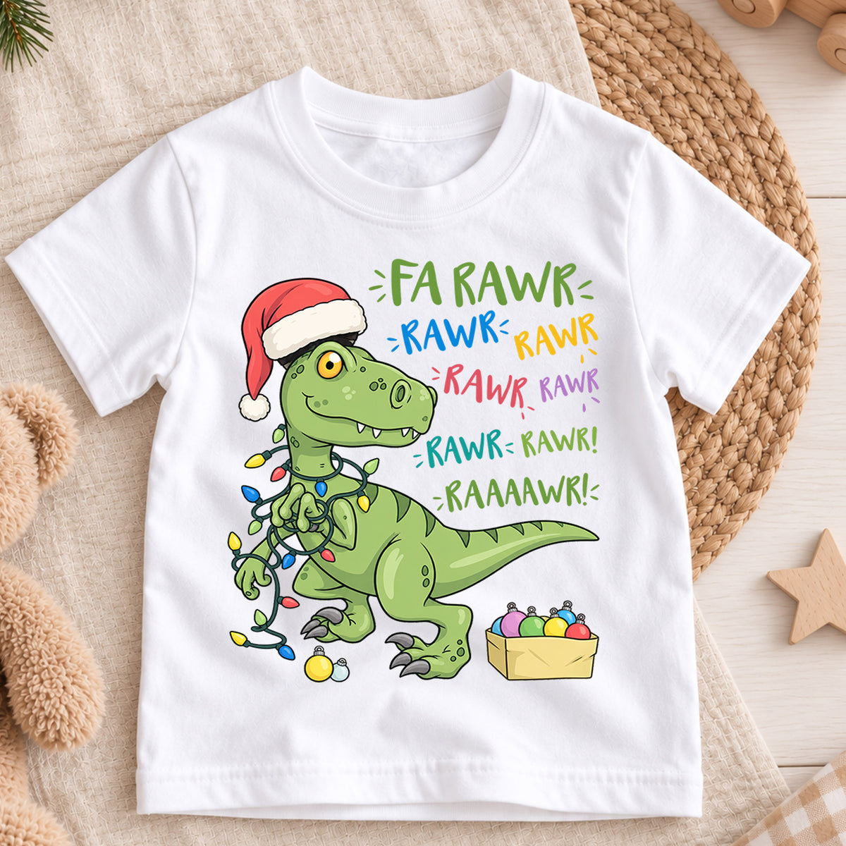 Funny Dinosaur Christmas Kids Shirt, Fa Rawr Holiday Tee, Cute Festive Christmas Outfit, Holiday Gift for Boys Cute Holiday Gift Idea — product view 3