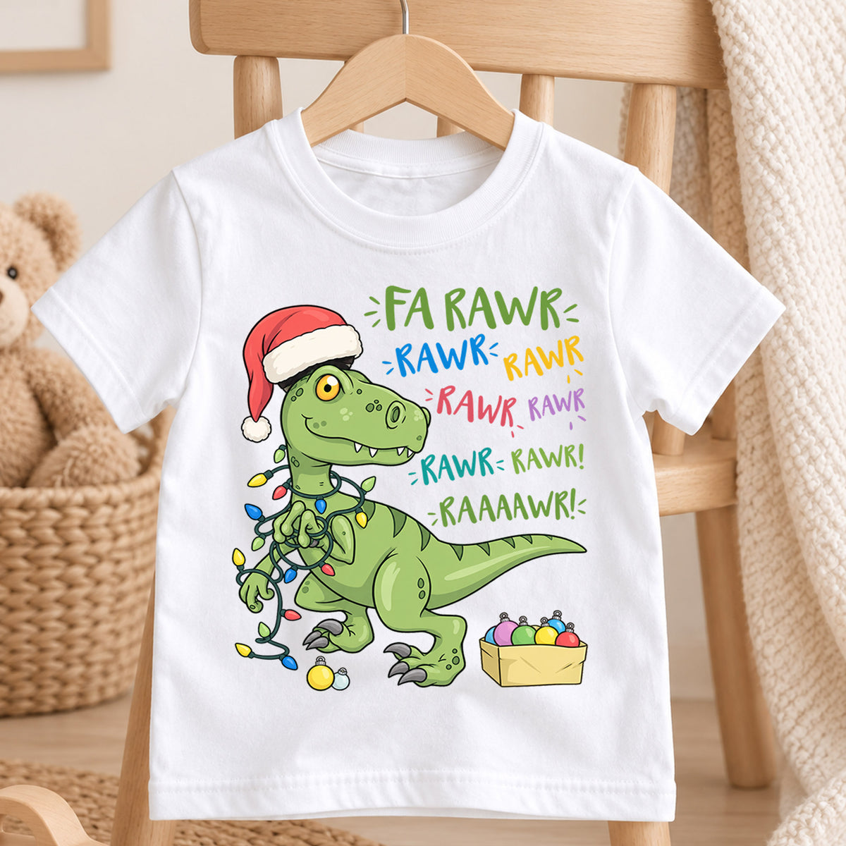 Funny Dinosaur Christmas Kids Shirt, Fa Rawr Holiday Tee, Cute Festive Christmas Outfit, Holiday Gift for Boys Cute Holiday Gift Idea — product view 4