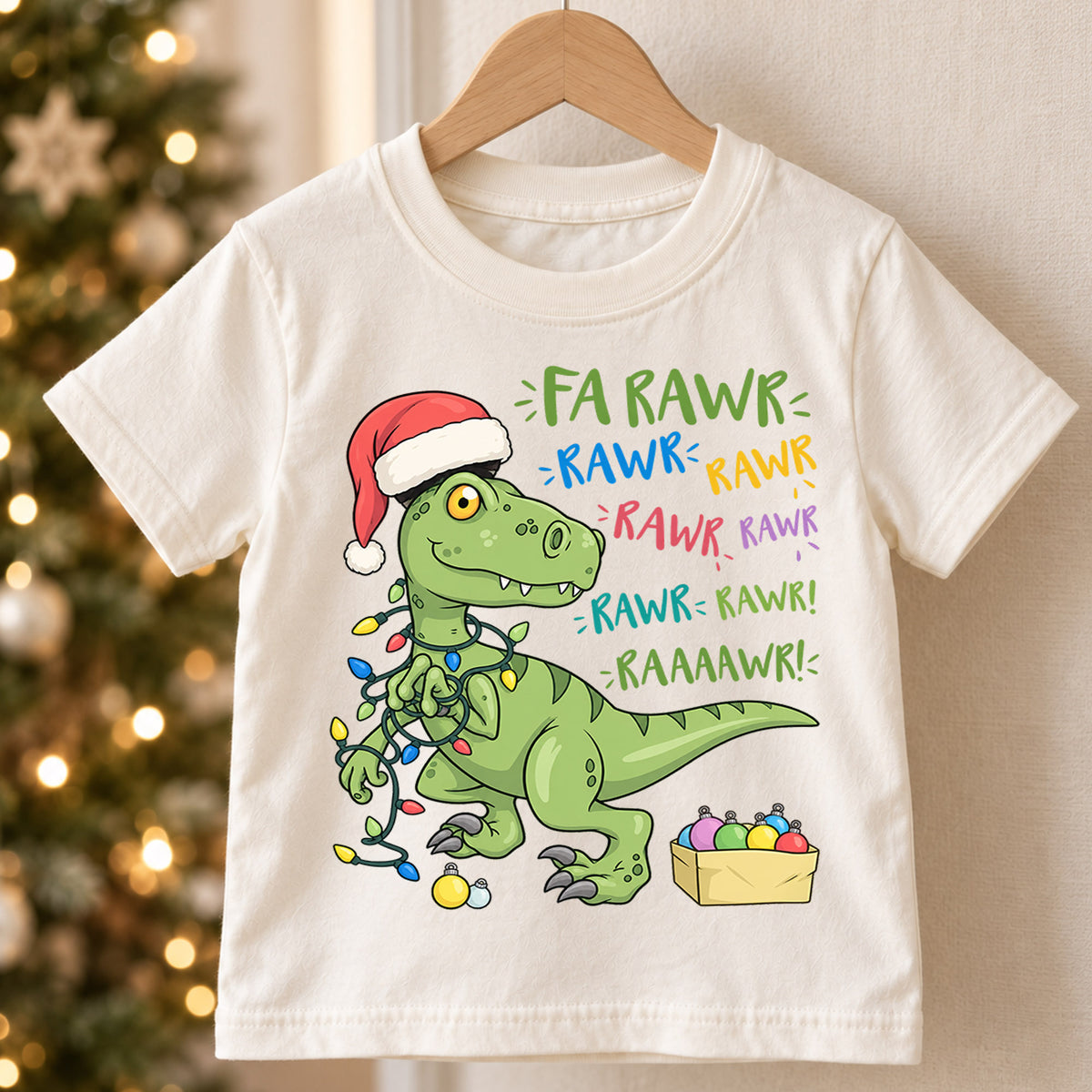 Funny Dinosaur Christmas Kids Shirt, Fa Rawr Holiday Tee, Cute Festive Christmas Outfit, Holiday Gift for Boys Cute Holiday Gift Idea — product view 5