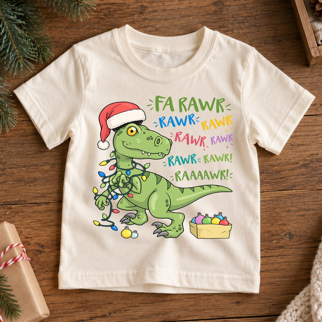 Funny Dinosaur Christmas Kids Shirt, Fa Rawr Holiday Tee, Cute Festive Christmas Outfit, Holiday Gift for Boys Cute Holiday Gift Idea — product view 7