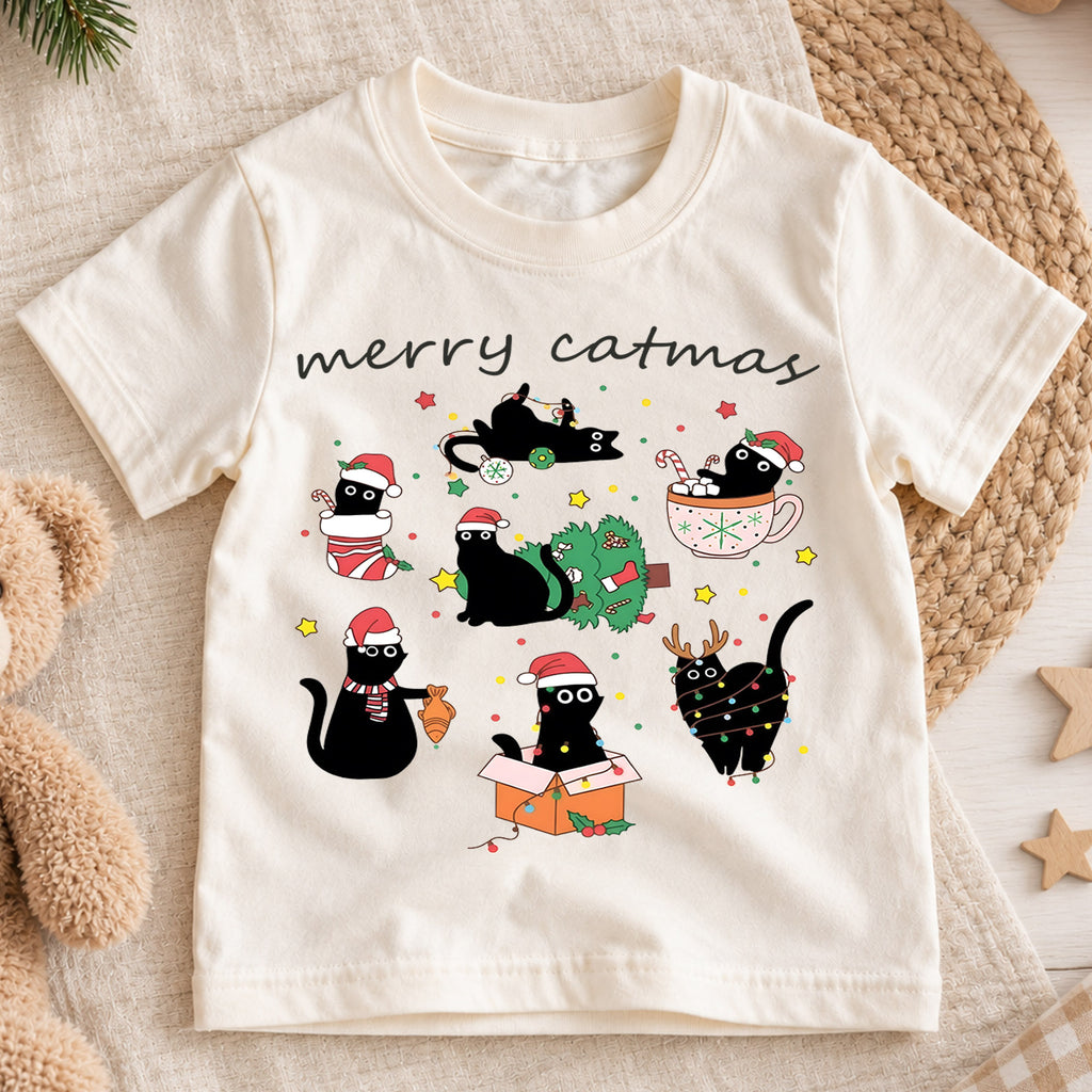Merry Catmas Kids Christmas Shirt, Funny Black Cat Holiday Tee, Cute Festive Outfit, Christmas Gift for Cat Lovers Festive Holiday Gift Idea — product view 1