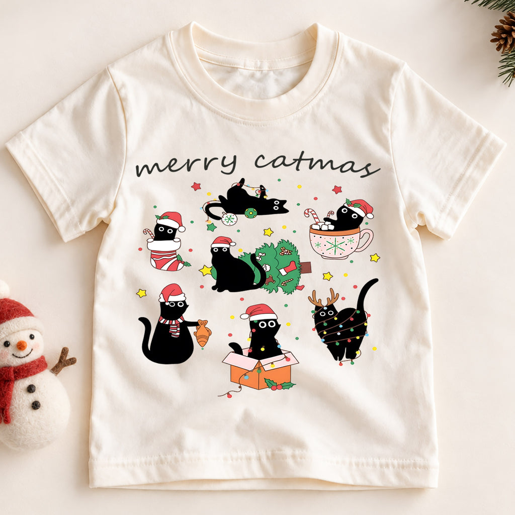Merry Catmas Kids Christmas Shirt, Funny Black Cat Holiday Tee, Cute Festive Outfit, Christmas Gift for Cat Lovers Festive Holiday Gift Idea — product view 2
