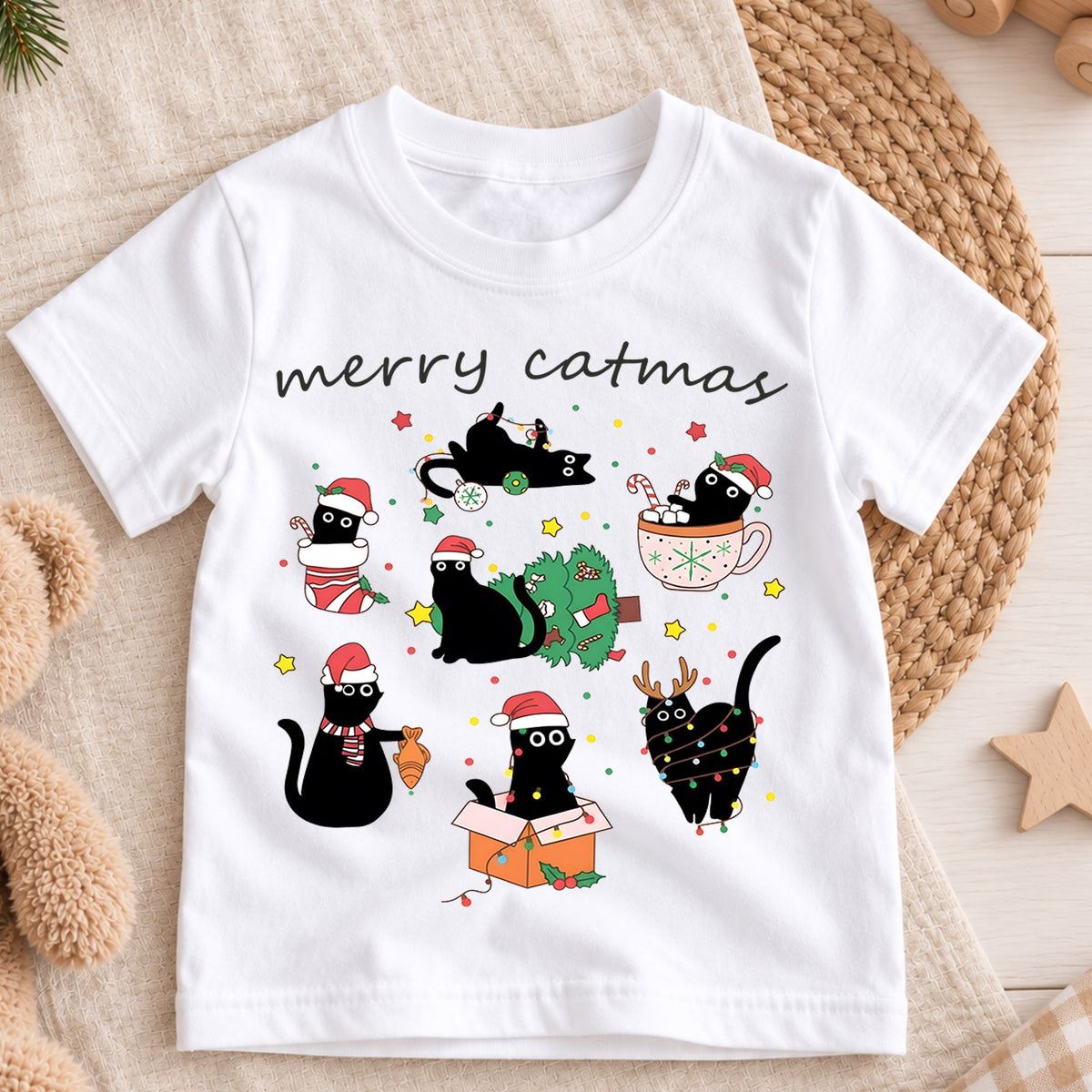 Merry Catmas Kids Christmas Shirt, Funny Black Cat Holiday Tee, Cute Festive Outfit, Christmas Gift for Cat Lovers Festive Holiday Gift Idea — product view 3