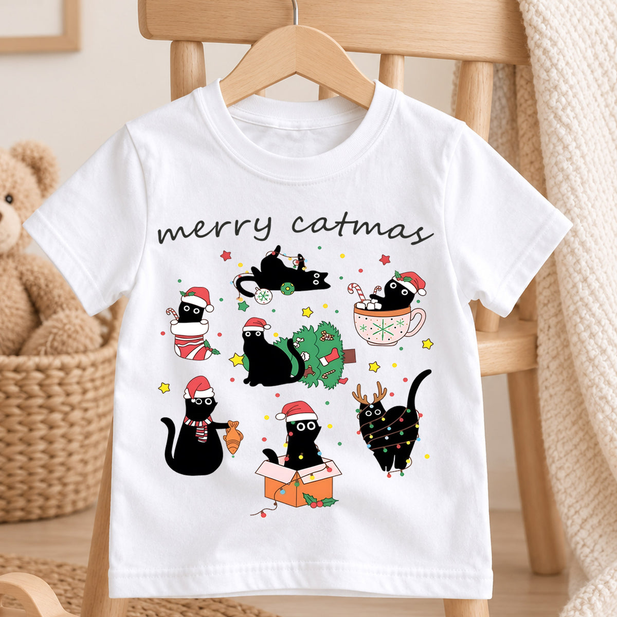 Merry Catmas Kids Christmas Shirt, Funny Black Cat Holiday Tee, Cute Festive Outfit, Christmas Gift for Cat Lovers Festive Holiday Gift Idea — product view 4