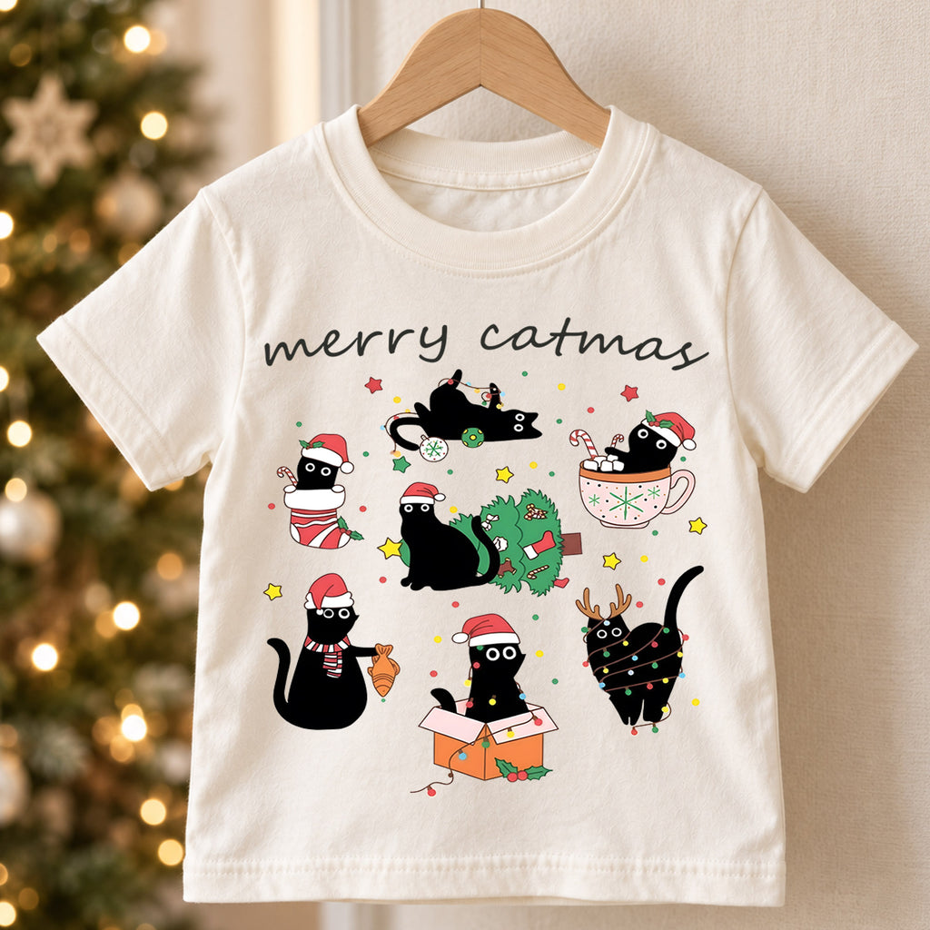 Merry Catmas Kids Christmas Shirt, Funny Black Cat Holiday Tee, Cute Festive Outfit, Christmas Gift for Cat Lovers Festive Holiday Gift Idea — product view 5