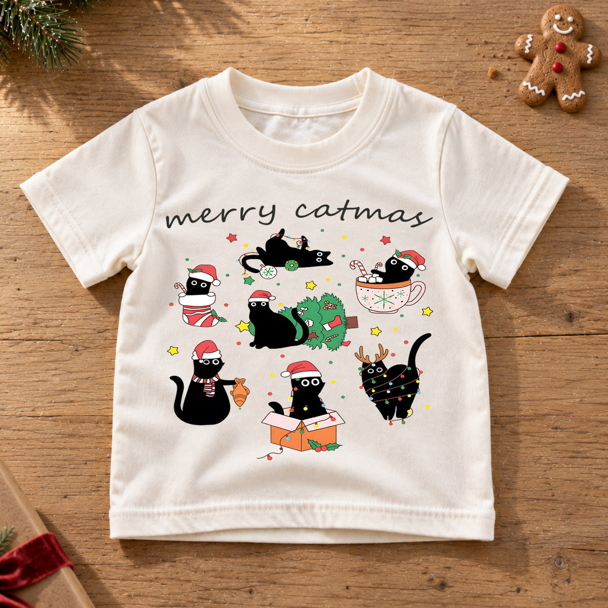 Merry Catmas Kids Christmas Shirt, Funny Black Cat Holiday Tee, Cute Festive Outfit, Christmas Gift for Cat Lovers Festive Holiday Gift Idea — product view 6