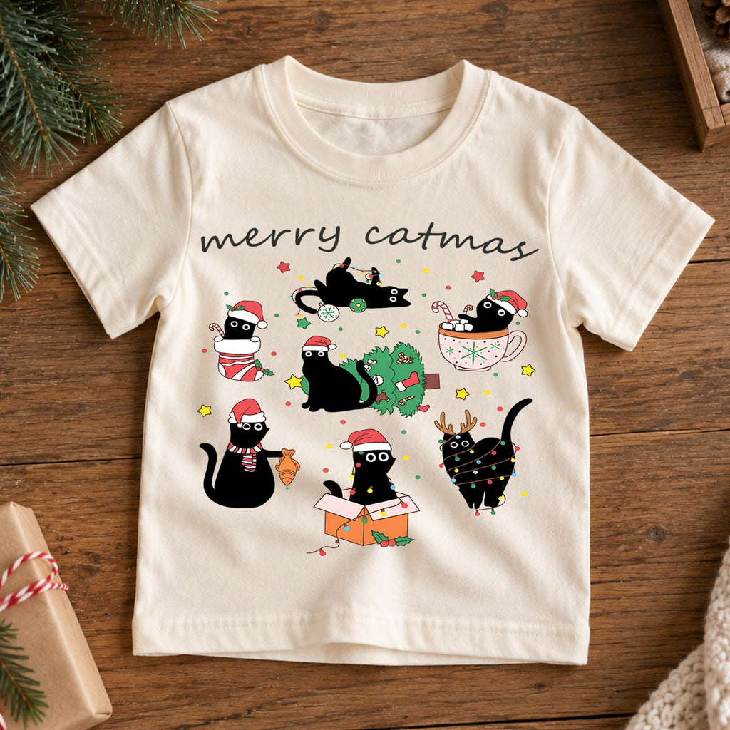 Merry Catmas Kids Christmas Shirt, Funny Black Cat Holiday Tee, Cute Festive Outfit, Christmas Gift for Cat Lovers Festive Holiday Gift Idea — product view 7