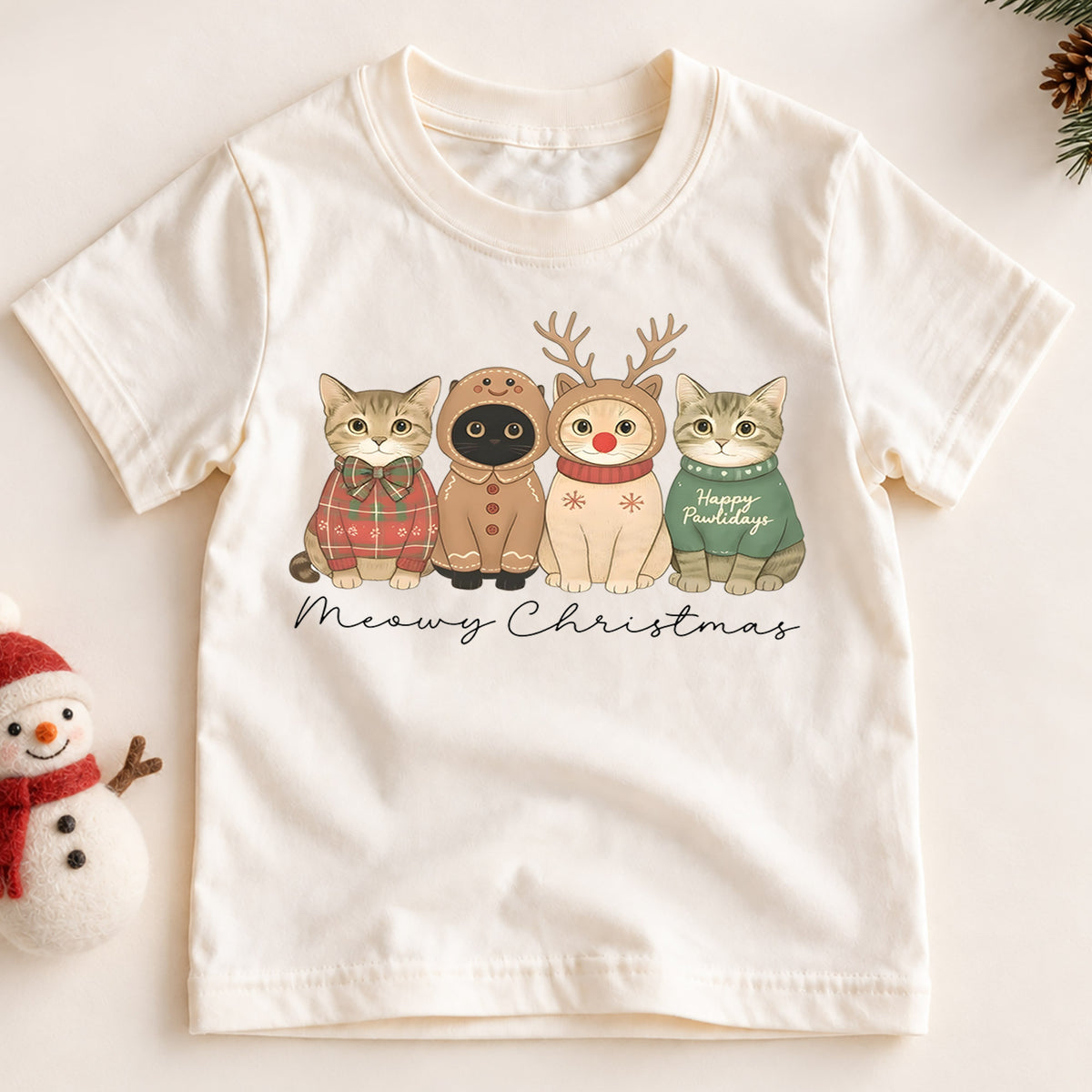 Meowy Christmas Kids Shirt, Cute Cat Holiday Tee, Funny Festive Christmas Outfit, Holiday Gift for Cat Lovers Cute Xmas Gift for Kids — product view 2