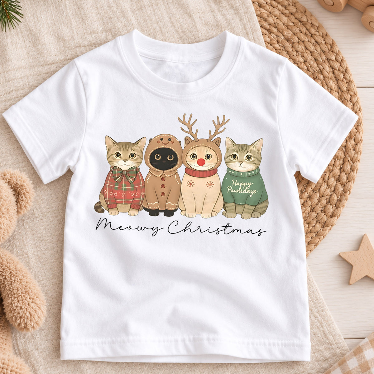Meowy Christmas Kids Shirt, Cute Cat Holiday Tee, Funny Festive Christmas Outfit, Holiday Gift for Cat Lovers Cute Xmas Gift for Kids — product view 3
