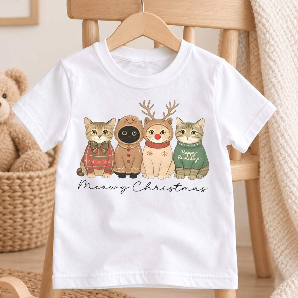 Meowy Christmas Kids Shirt, Cute Cat Holiday Tee, Funny Festive Christmas Outfit, Holiday Gift for Cat Lovers Cute Xmas Gift for Kids — product view 4
